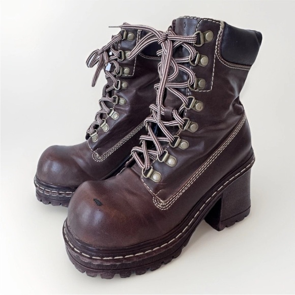 Vintage 90s Y2K SODA Brown Faux Chunky Platform Distressed Lace up moto boot 6.5 - Picture 6 of 13